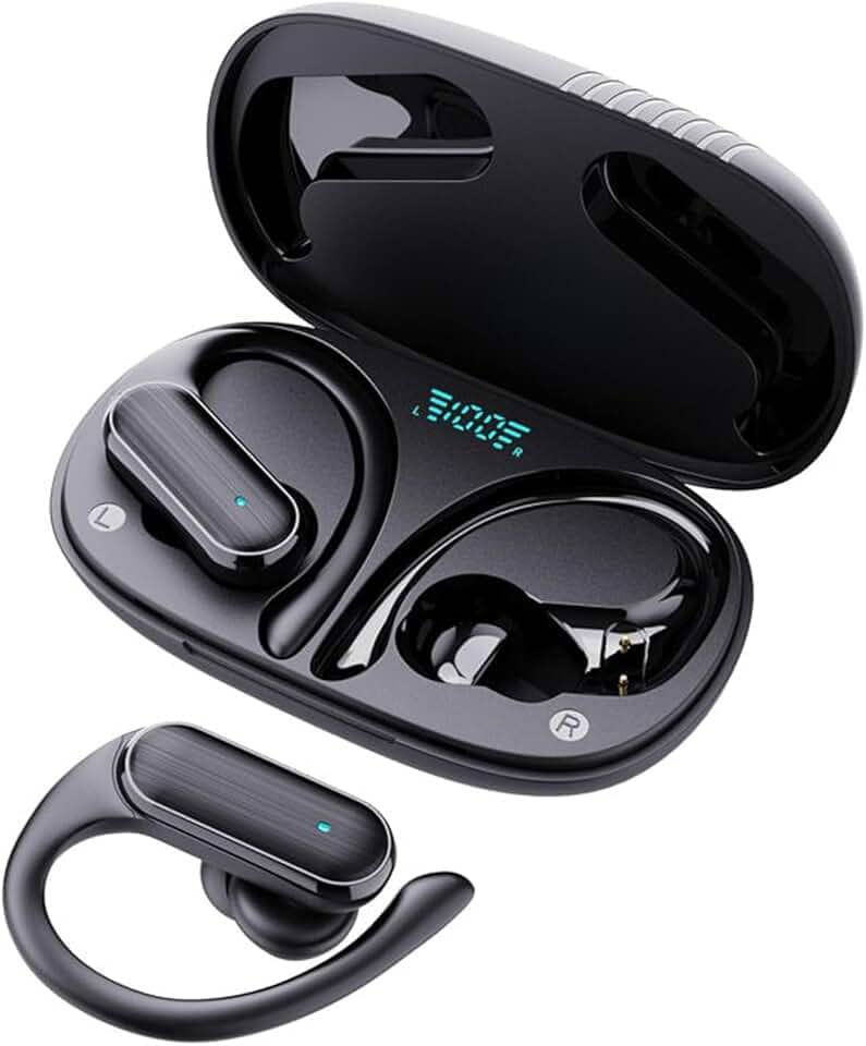 BR Lion Fone de Ouvido Bluetooth sem fio Fone TWS Bluetooth Com Cancelamento De Ruído Esportivo bluetooth com ganchos de ouvido com microfone 60 horas de reprodução (Preto-A520)