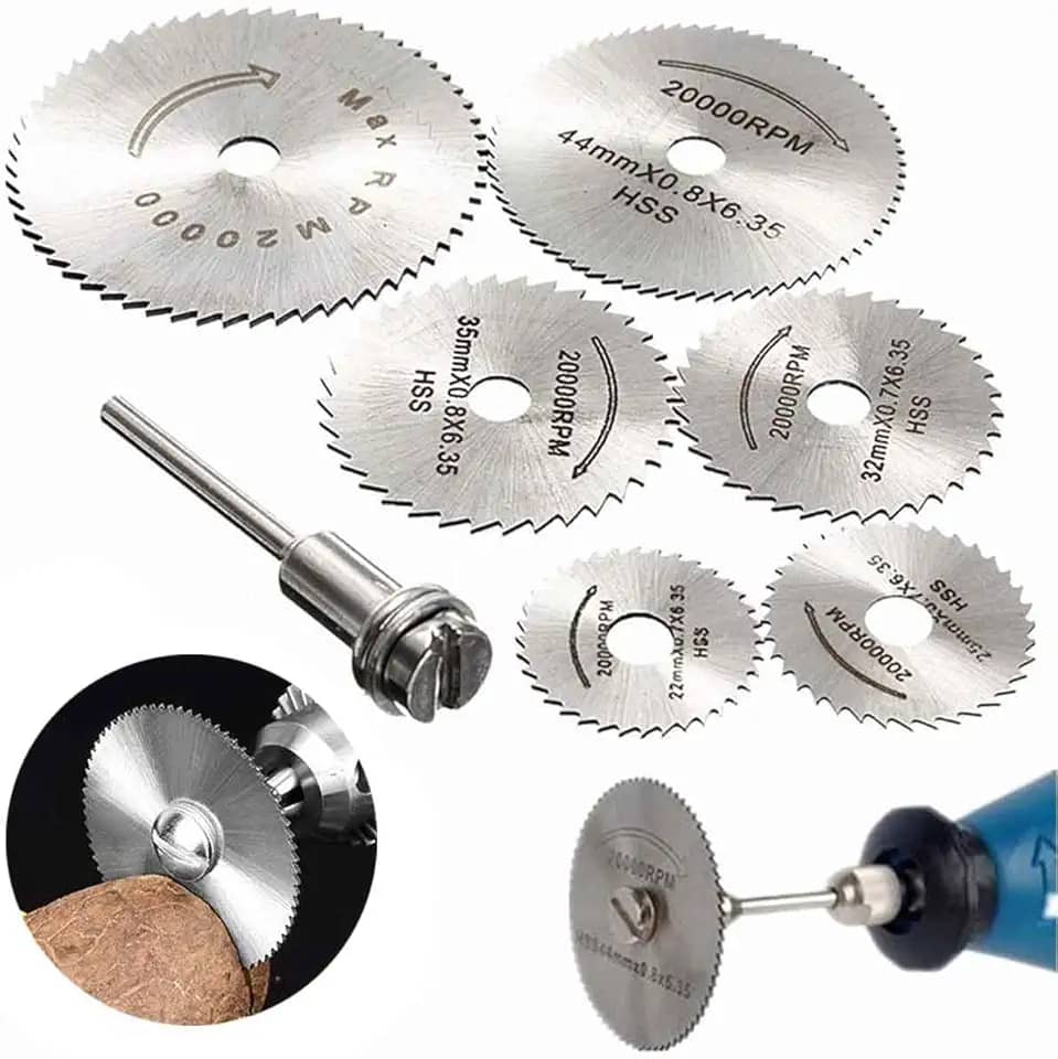 Kit Mini Disco de Corte Serra Circular Micro Retifica Furadeira Parafusadeira Profissional Universal Dremel 6 Peças 1 Haste Para Corte de Madeira Plástico e Alumínio