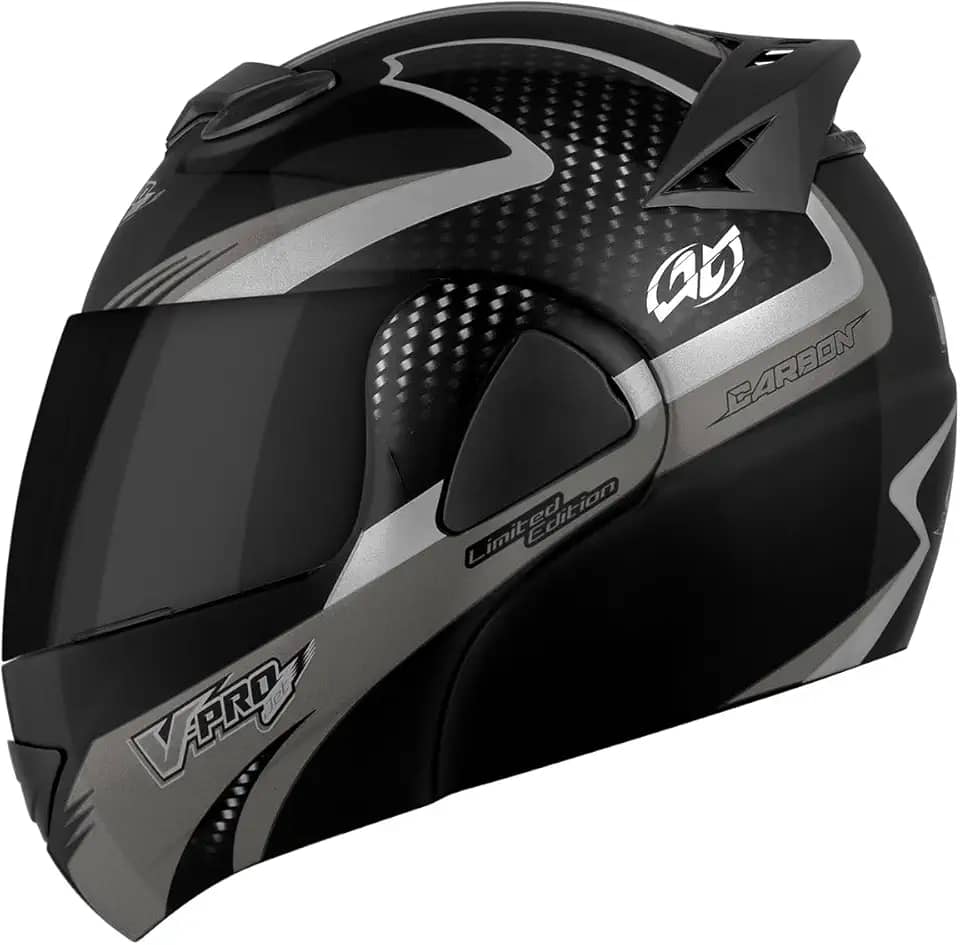 Capacete Articulado V-Pro Jet 2 Carbon Fundo Preto 60 Viseira Fumê Preto/Cinza