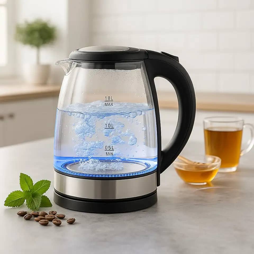 Chaleira Elétrica de Vidro 1,8 L 110V – Ferva Água em 2 Minutos | Design Premium com LED Azul, Proteção Automática e Base 360° – Ideal para Café, Chá e Chimarrão