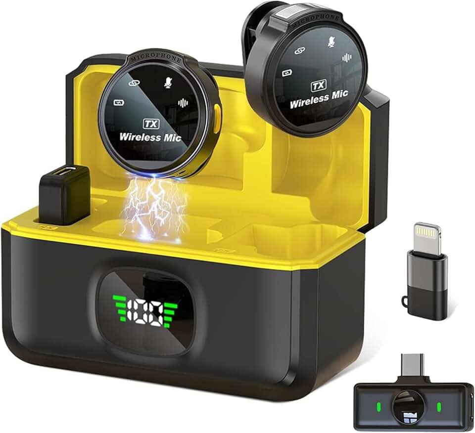 Microfone de Lapela Sem Fio Profissional com Base de Carregamento, Display LED, para iPhone/Android dispositivos com Lightning/USB-C，para vídeo, entrevista, vlog