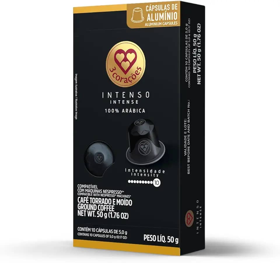 3 Corações Cápsulas de Café Intenso, Compatíveis com Nespresso, contém 10 cápsulas