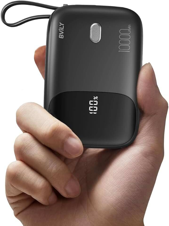 Carregador Portatil 10000mAh Power Bank com Cabo Integrado, Carregamento Rápido de com LED Display, Powerbank Externo para Telefone, Samsung, Android – Preto