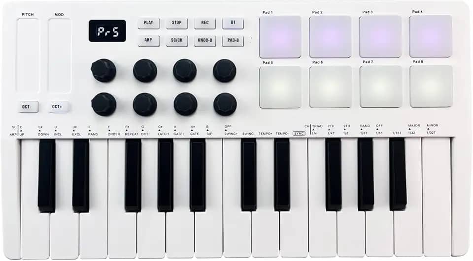Teclado MIDI de 25 teclas, controlador MIDI portátil com 25 teclas sensíveis à velocidade, 8 pads retroiluminados RGB, 8 botões