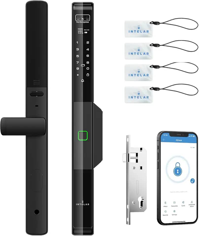6 em 1 Fechadura Inteligente Totalmente Automática para Portas de Alumínio com Moldura Fina - Face/Palm Vein/Fingerprint/Card/Password/Key/App (Trava de porta pivotante)