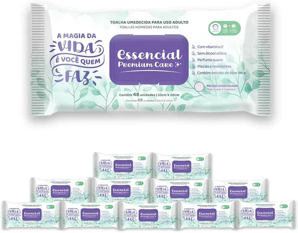12 Pacotes Toalhas Umedecidas Adulto 48fls - Essencial Premium Care