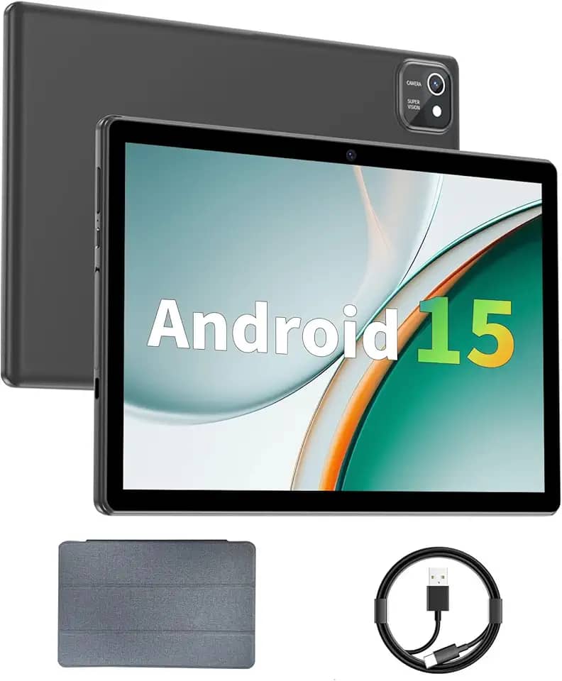 Tablet 10 polegadas Android 15 Tablets, 3GB RAM 64GB ROM 1TB Expand, processador quad-core, tela sensível ao toque LCD 1280x800, WiFi 5, câmera dupla, BT5.0, bateria de 6000mAh (preto)