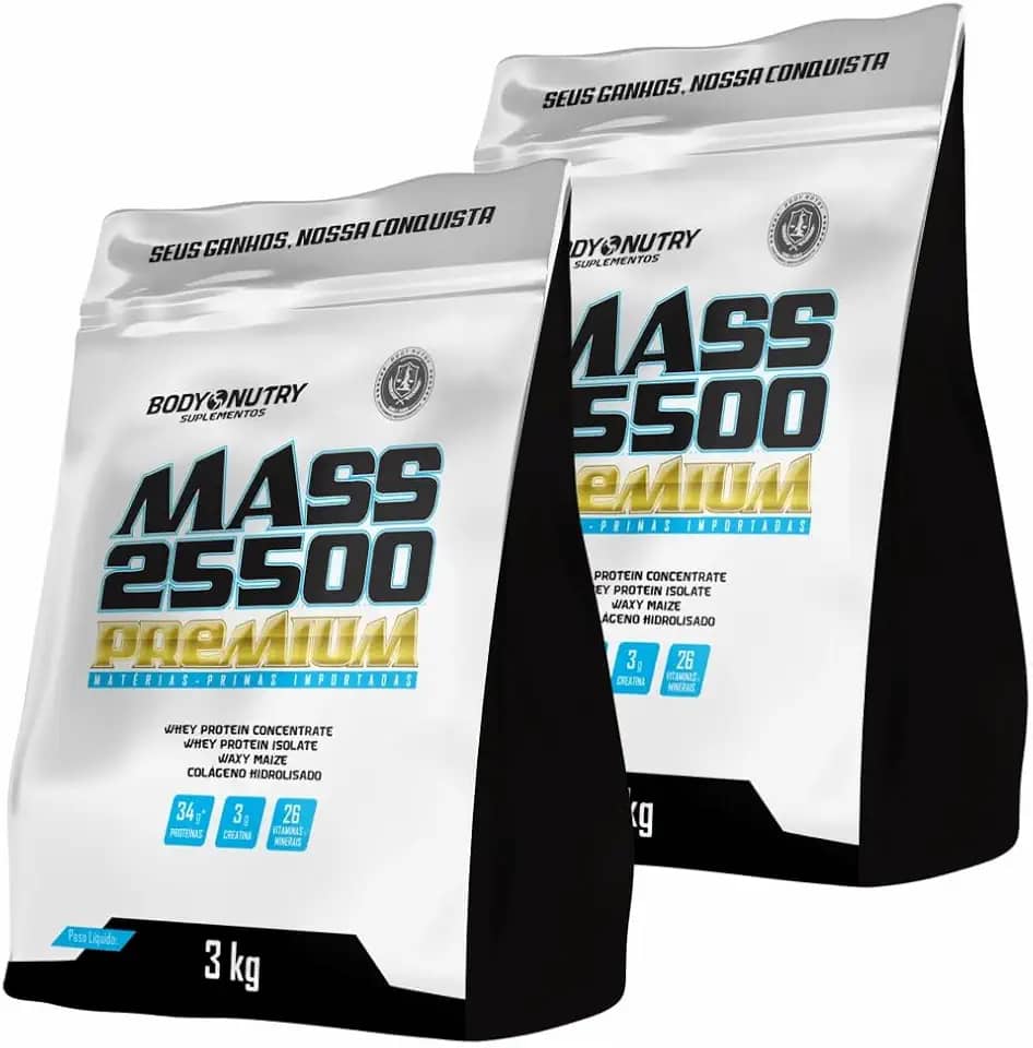 Kit 2x Hipercalórico Mass 25500 Gainers Premium Refil 3Kg + 3000mg de Creatina Monohidratada Proteínas Whey Protein Isolado e Concentrado Vitaminas e Minerais Colageno Waxy Maize Matéria Prima Importada - Body Nutry (Chocolate Suiço)
