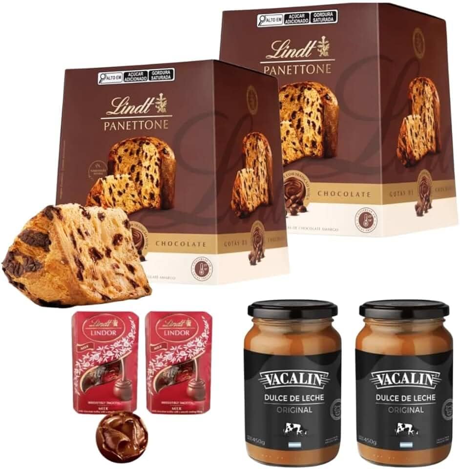 Kit 2 Panetones LindtSprungli Gotas de Chocolate, Trufa e Doce de Leite