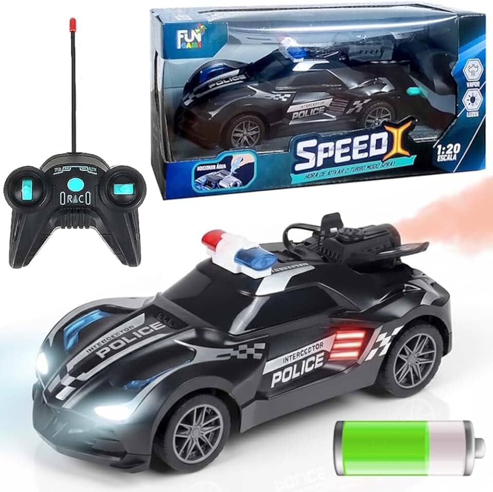 Carrinho que Solta Fumaça de Polícia Brinquedo com Luz Controle Remoto 6 Funções (Preto)
