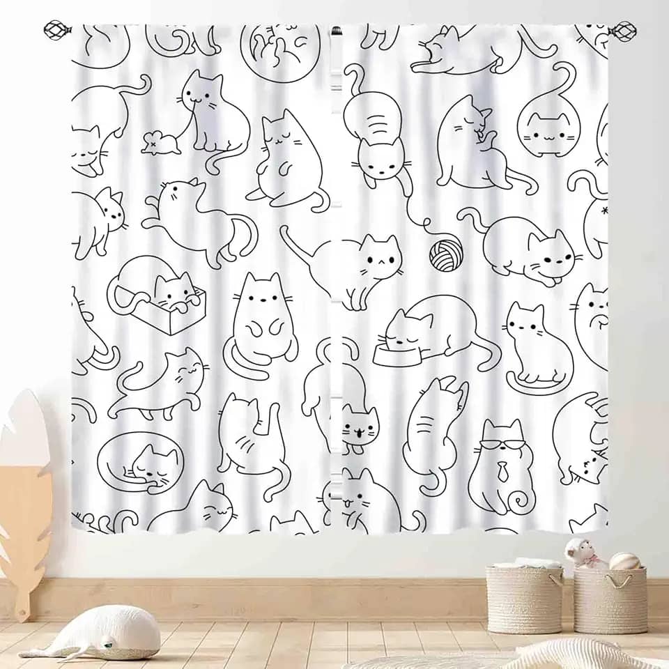 Cortinas de gato para quarto, desenho animado adorável gatinho kawaii gato animais coloridos engraçados cortinas de janela tratamentos para sala de estar cozinha banheiro 2 painéis, 107 x 114 cm