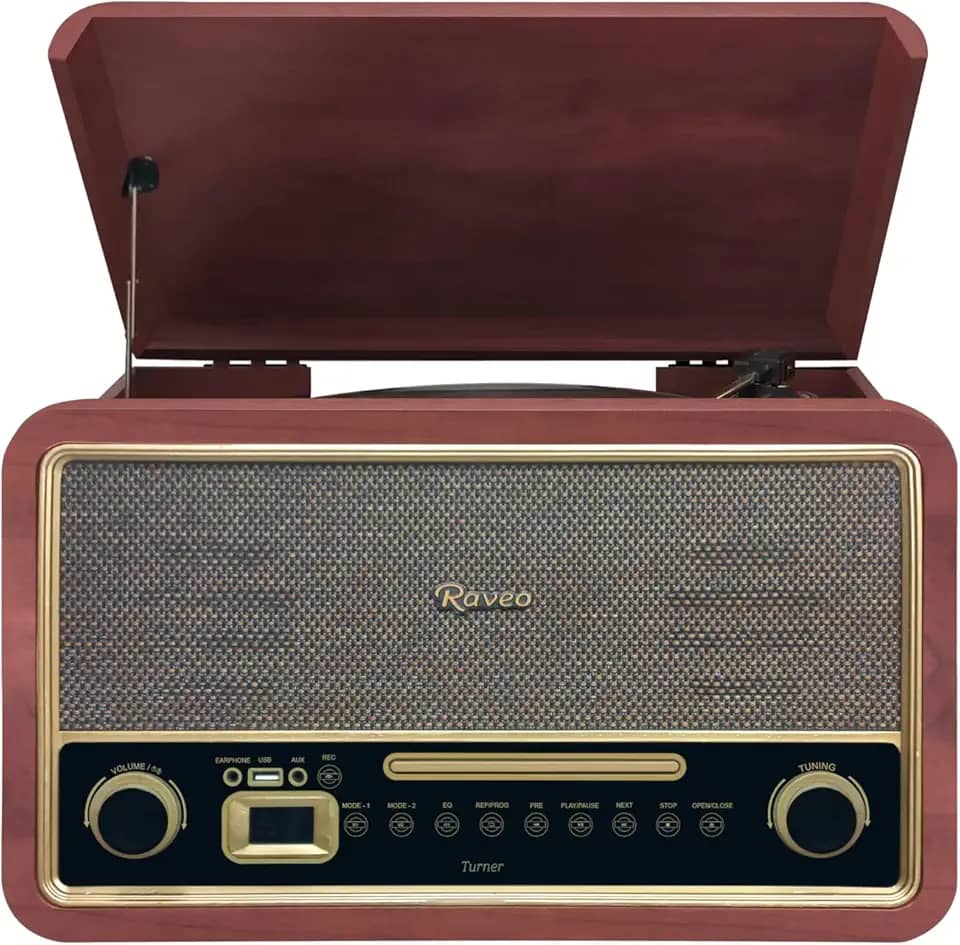 Raveo Vitrola Turner com Toca-discos de 3 velocidades, Rádio FM, CD e Cassete players, USB (reproduz e grava), entrada e saída auxiliares e tecnologia de conexão Bluetooth.