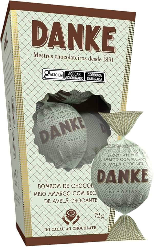 Bombom Meio Amargo Recheio Avelã Crocante Danke Memórias Caixa 72g