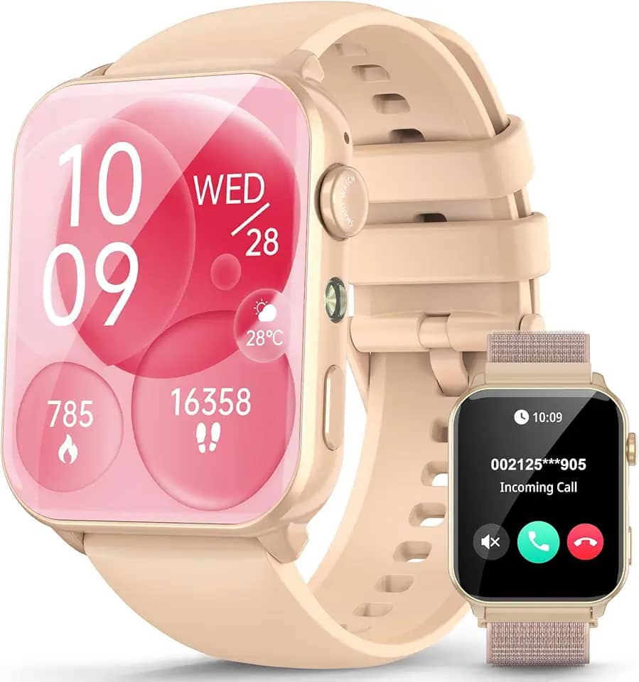 Smartwatch Feminino 1.91" com Luz LED - Tela Full Touch, 100+ Modos Esportivos, Chamadas Bluetooth, Assistente de Voz, Compatível iOS/Android, 2 Pulseiras (Rosa)