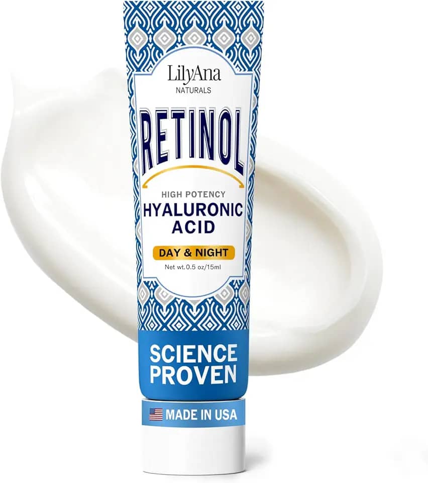 LilyAna Naturals Creme facial de retinol antienvelhecimento para mulheres – Creme de rugas e pescoço para firmar, hidratante de retinol para rosto com ácido hialurônico, creme noturno hidratante para