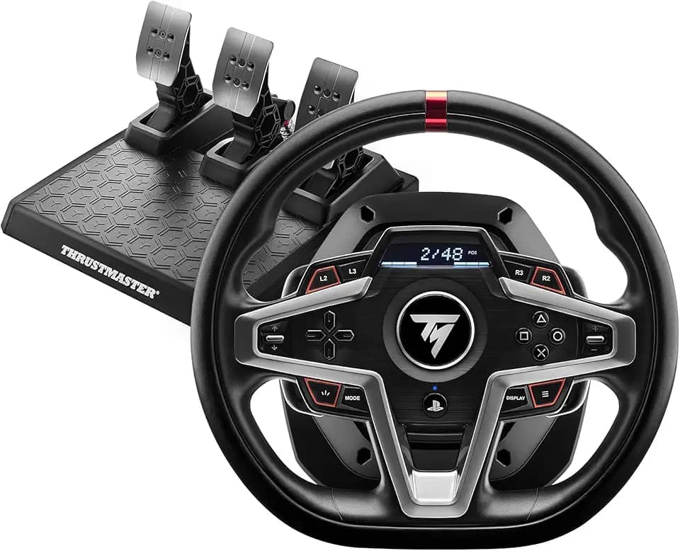 Thrustmaster T248, volante de corrida e pedais magnéticos, transmissão híbrida, trocadores de marchas magnéticos, feedback de força dinâmico, tela com informações de corrida (PS5, PS4, PC)