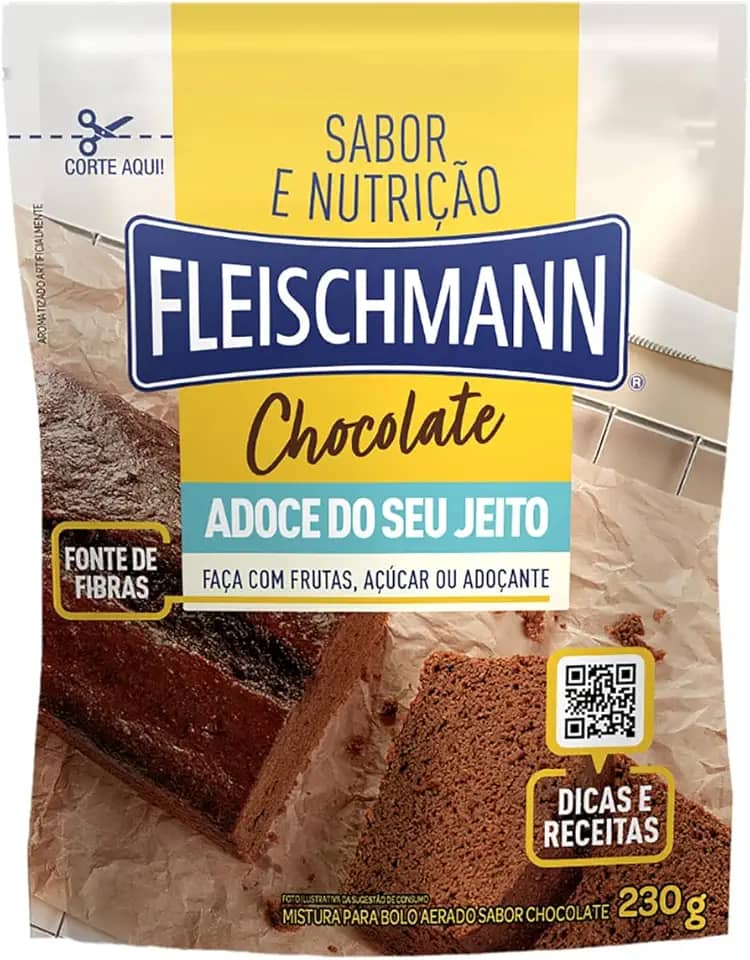 Mistura para Bolo Aerado Chocolate Fleischmann Sabor e Nutrição Adoce do Seu Jeito Sachê 230g