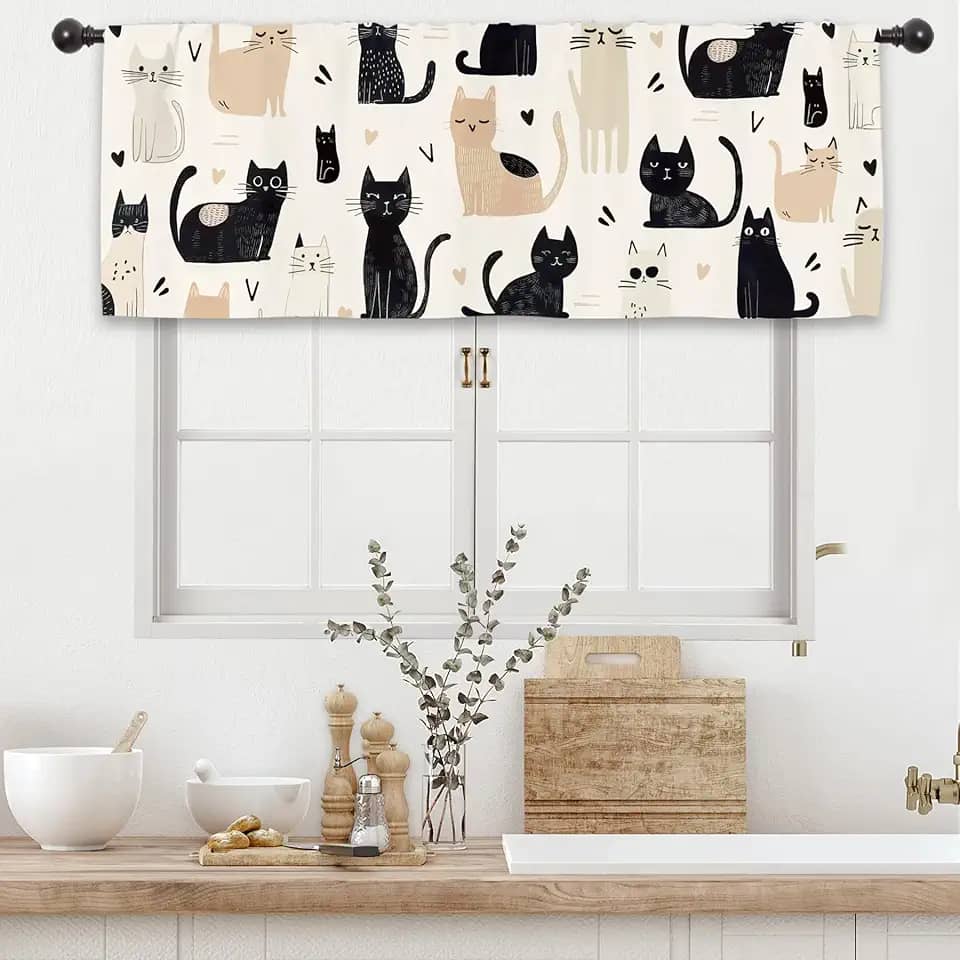 Lindo desenho animado gato cozinha cortina sanefa 137 cm L x 46 cm Engraçado Pet Kitten Animal Rod Pocket Café Pequeno Janela Tratamento Cortinas Decoração
