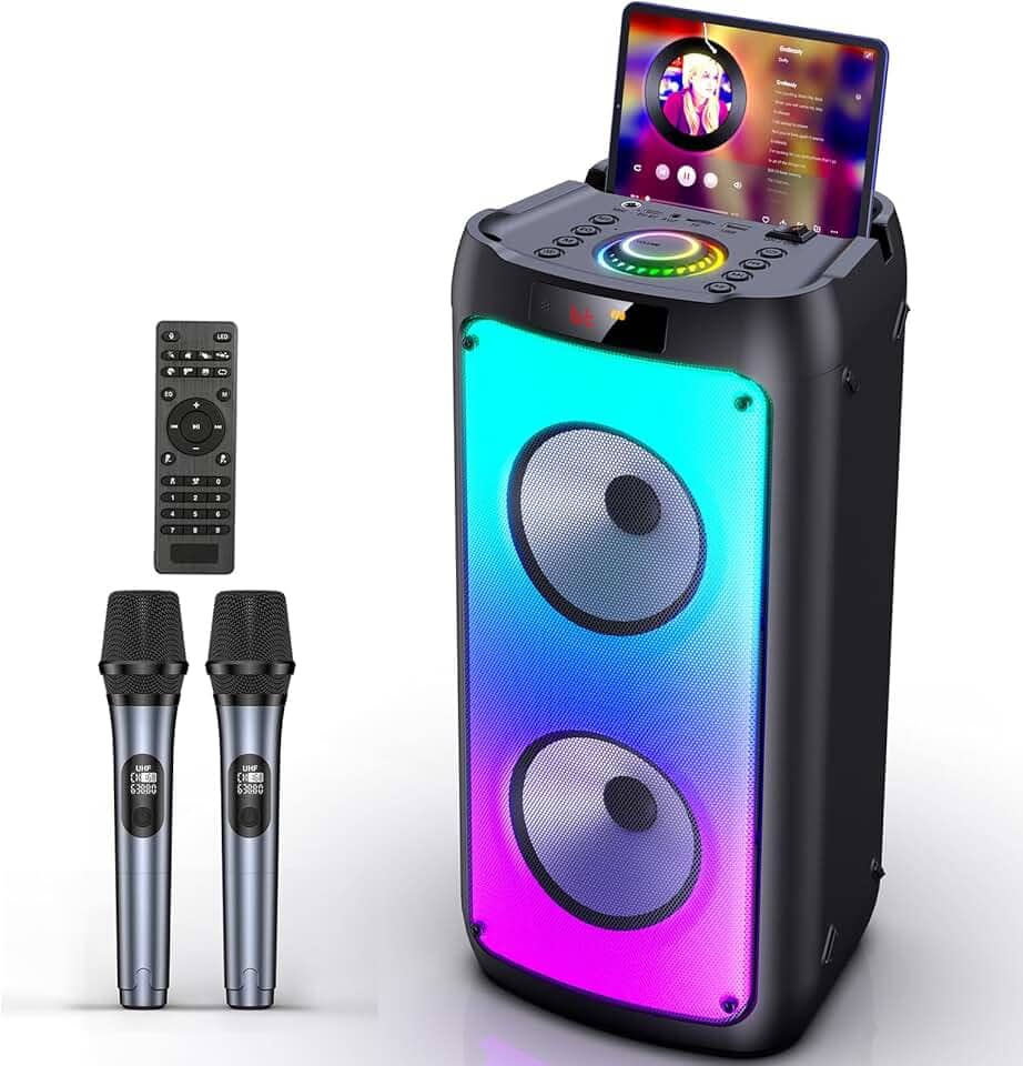 JYX Karaoke Partybox Profissional +2 Microfones Sem Fio, Karaoke Portatil com Luzes de Disco, Subwoofers de Palco, Suporte Bluetooth/TF/USB/AUX/TWS/REC/FM, Controle Remoto, para Festas e Outros