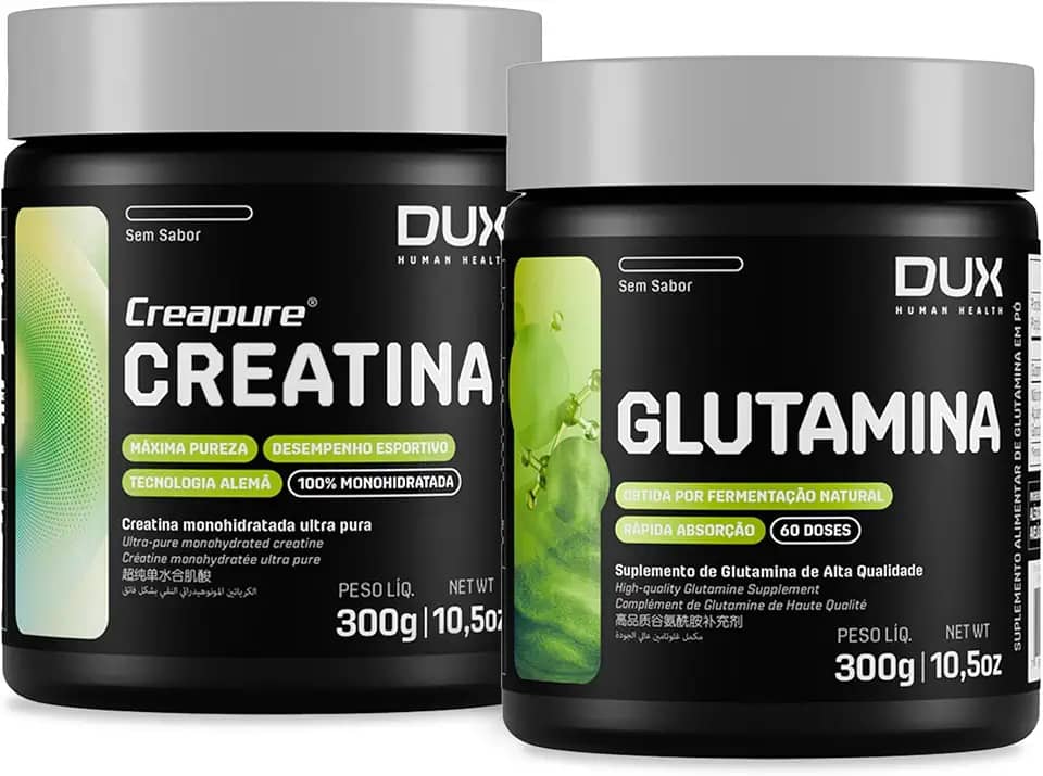 Creatina Monohidratada 100% Creapure 300g + Glutamina 300g Sem Sabor - Suplementação Academia, Ganho Muscular Hipertrofia, Força Energia Resistência, Suplementos Naturais - DUX HUMAN HEALTH