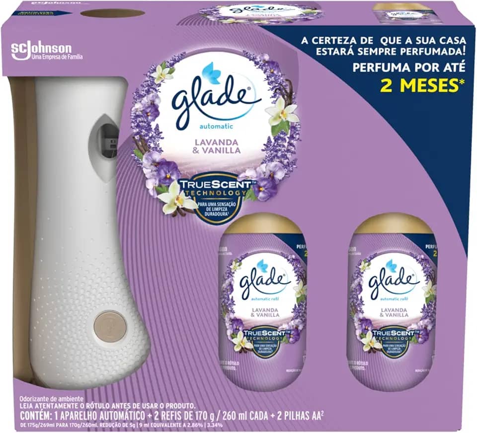 Glade Aromatizador de Ambiente Automático, Odorizador de Ambiente, Lavanda e Baunilha, 1 Aparelho e 2 Refis 260ml Cada