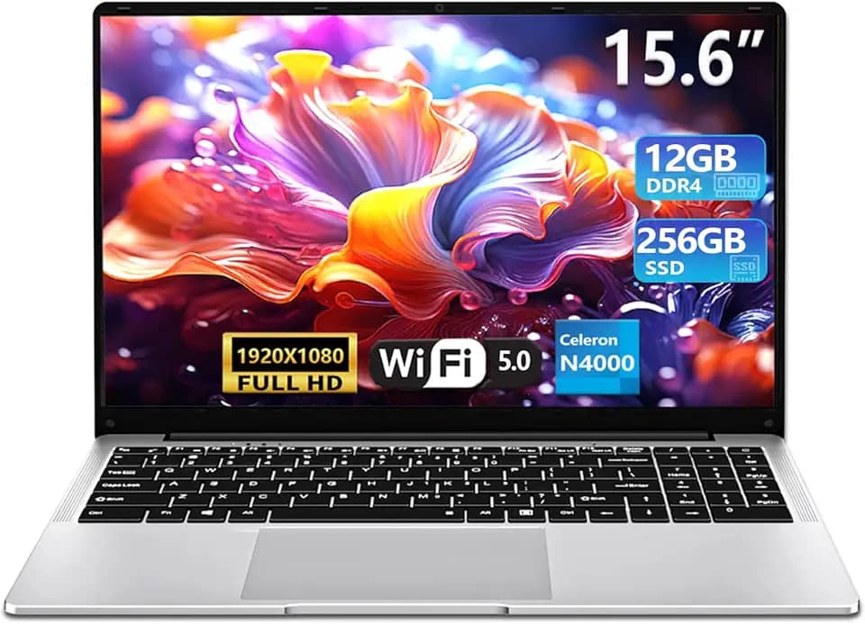 Laptop para jogos 2025, laptops tradicionais de 15,6 polegadas N4000, laptop com 12 GB de RAM, SSD de 256 GB, netbook fino e leve WiFi5 Mini-HDMI abertura de ângulo 180 BT5.0, laptop fino e leve para