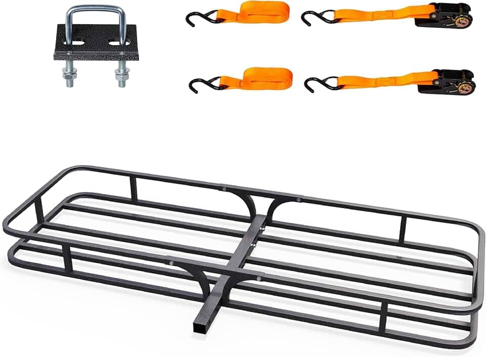 TUFFIOM Cesta de transporte de carga para engate de 150 x 48 x 15 cm, suporte de bagagem de aço de 226 kg com alças e estabilizador para SUV, carro, caminhão, van com receptor de engate de 5 cm