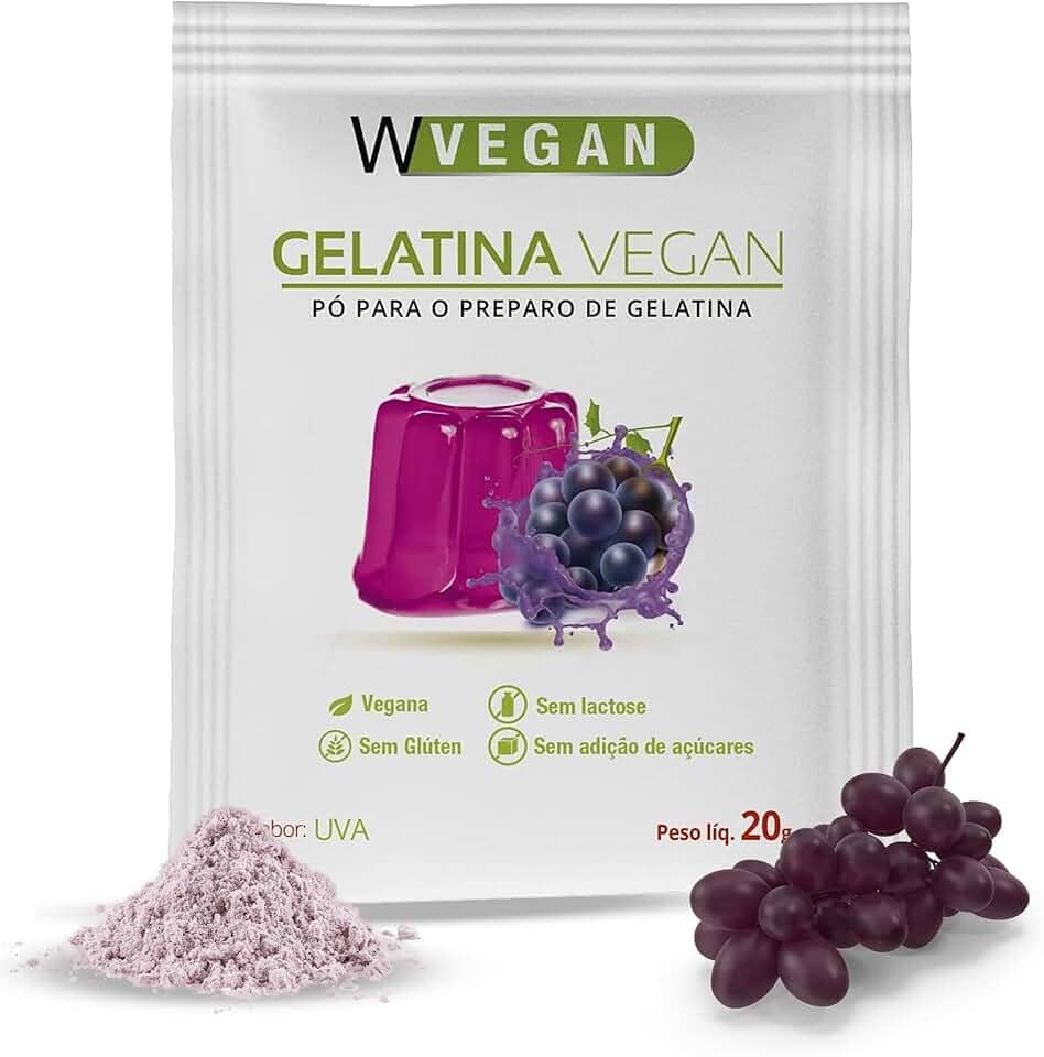 Wvegan Gelatina Vegan Sabor Uva 20g - A Primeira Gelatina Vegana do Brasil - Sem Glúten, Sem Açúcar e Sem Lactose