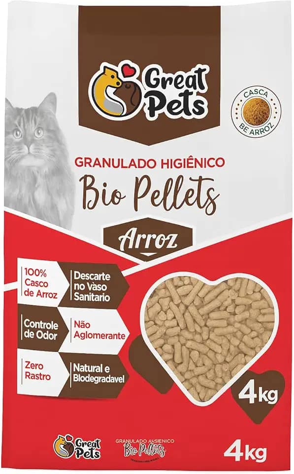 Areia Sanitária para Gatos 4kg – Granulado Natural de Arroz, Controle de Odores, Great Pets