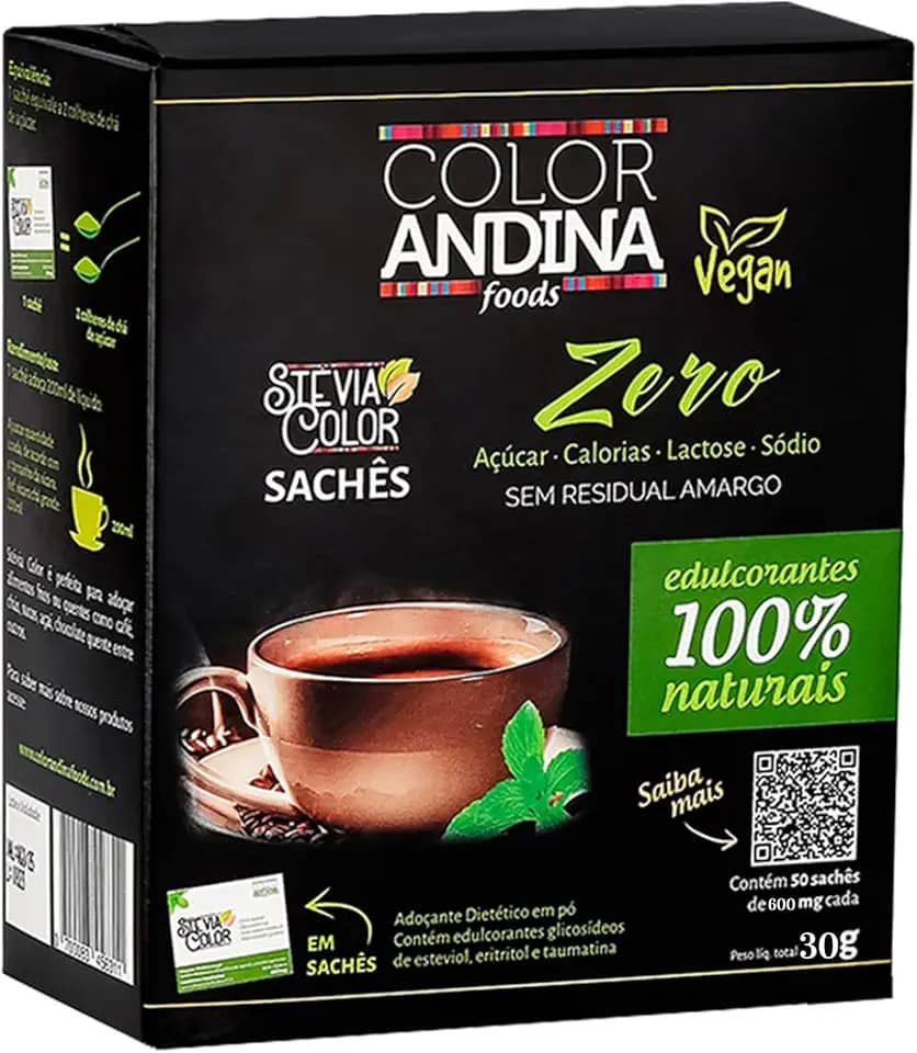 Adoçante dietético em pó | Color Andina | display com 50 sachês de 800 mg