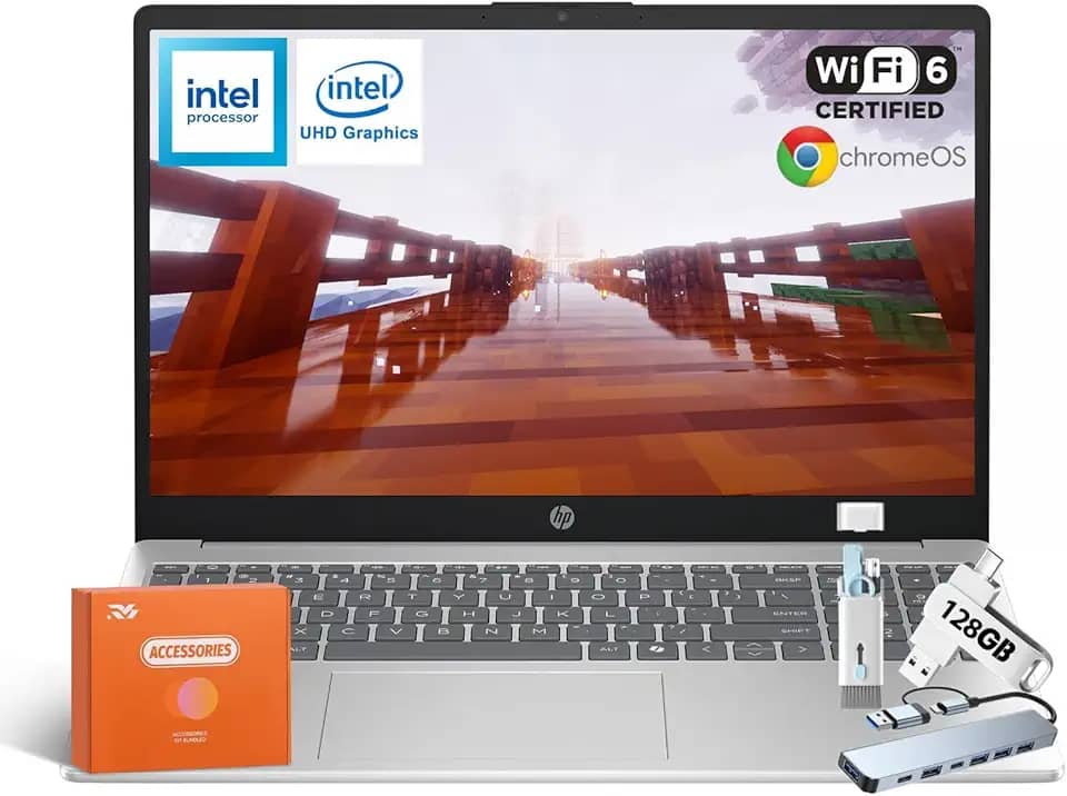 HP Computador portátil Chromebook 2025, processador Intel Quad-Core N200, ecrã antirreflexo HD de 15,6 polegadas, 8 GB de RAM, 64 GB de armazenamento (64 GB eMMC 256 GB MSD), gráficos UHD, Wi-Fi 6