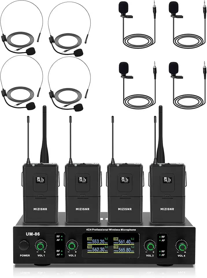 MIZISNR Sistema De Microfone Lapela Sem Fio Com Fone Ouvido E Microfones Lapela, Conjunto Receptor Uhf 4 Canais Metal, Alcance 300 Pés Para Canto, Igreja, Karaokê, Pregação, Casamento