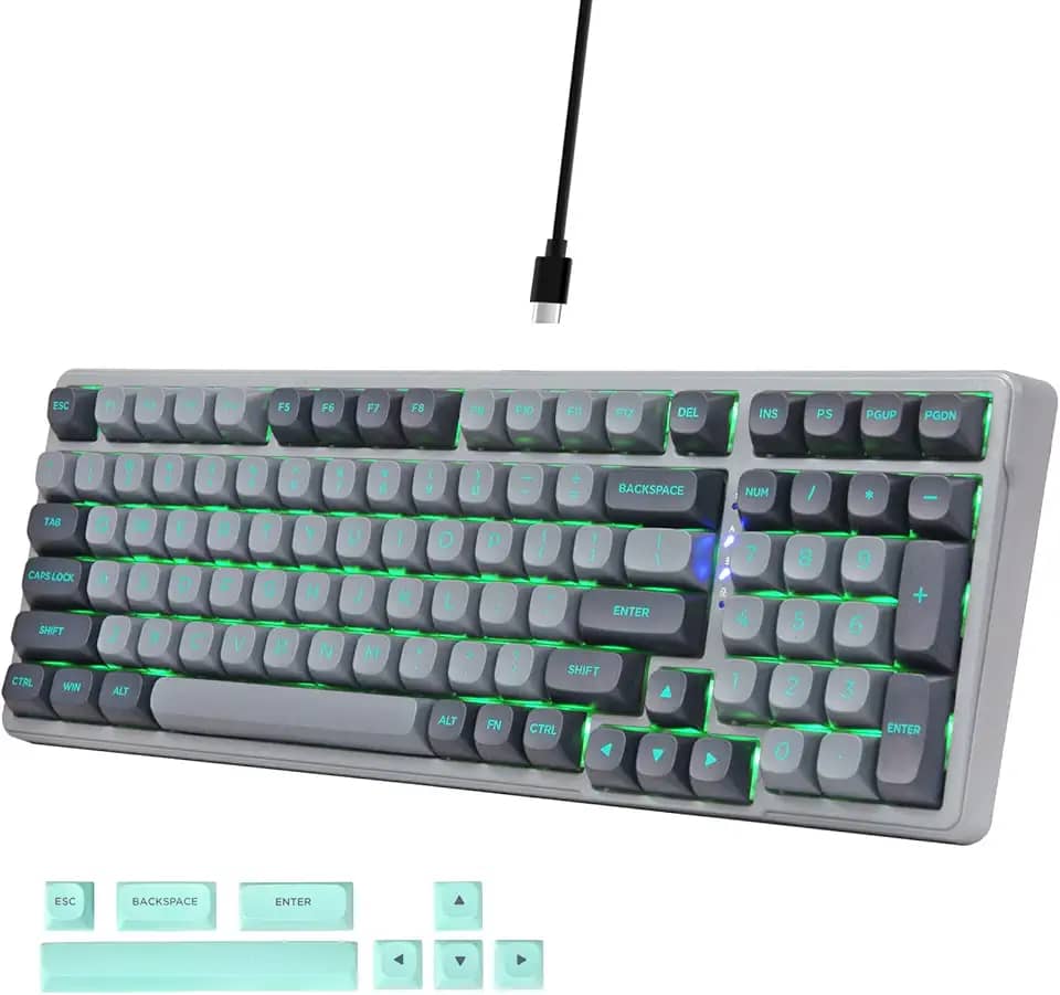 E-Yooso Teclado Mecânico Para Jogos Com Fio, Estrutura De Vedação Com Espuma De Amortecimento De Som, Interruptores Azuis Clicáveis, Luz Lateral Rgb Com Retroiluminação Led Verde, Teclado Personaliz
