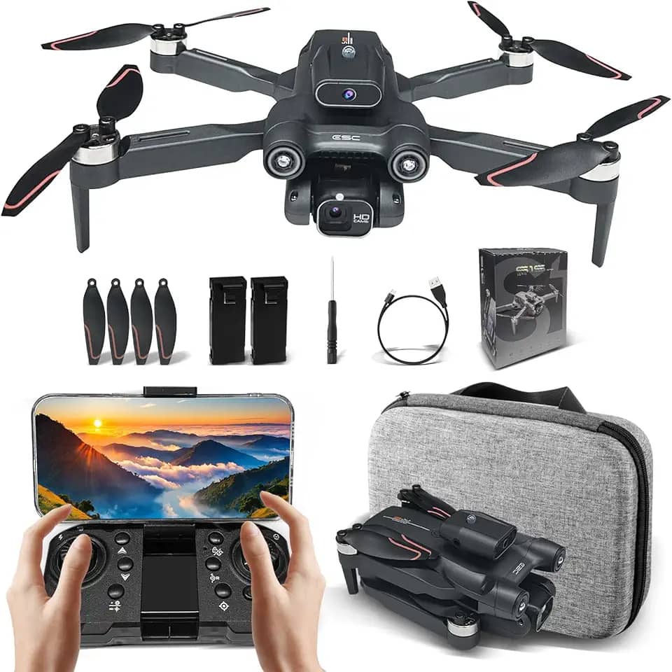 Drone com Camera Duplas 6K, S1S Drone Profissional Dobrável, com Flutuação de Fluxo Óptico, Desvio de Obstáculos a 360°, Fotografia por Gestos, Alarme de Bateria Fraca, Drones com 2000mAh Bateria