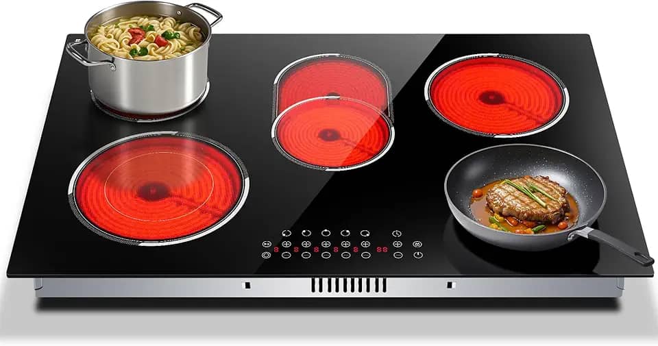 Cooktop Elétrico De 30 Polegadas, Fogão Elétrico Embutido De 5 Bocas De 8400 W, Cooktop Vitrocerâmico De 30 Polegadas Com Zona Expandida, Trava De Segurança Para Crianças, Temporizador, Co