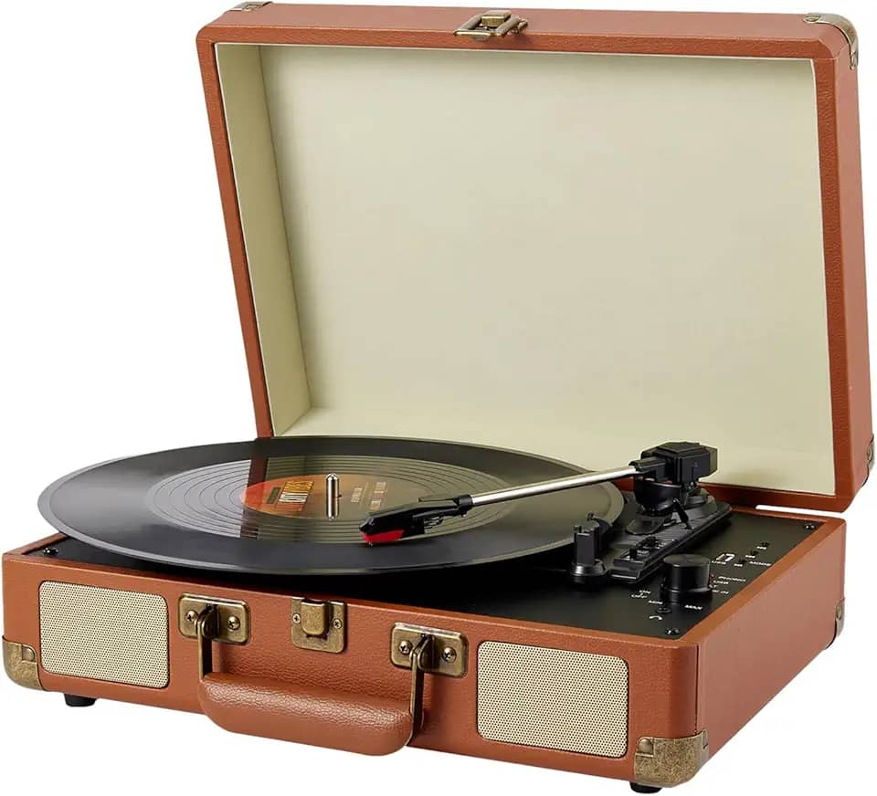 Vitrola Retro Bluetooth Portátil Radiola Disco Vinil com Alto-falante Integrado Tornamesa Vinilo Vintage 3 Velocidade Tocador Vinil Audiotecnica Puerto USB, Salida de Audífonos y RCA