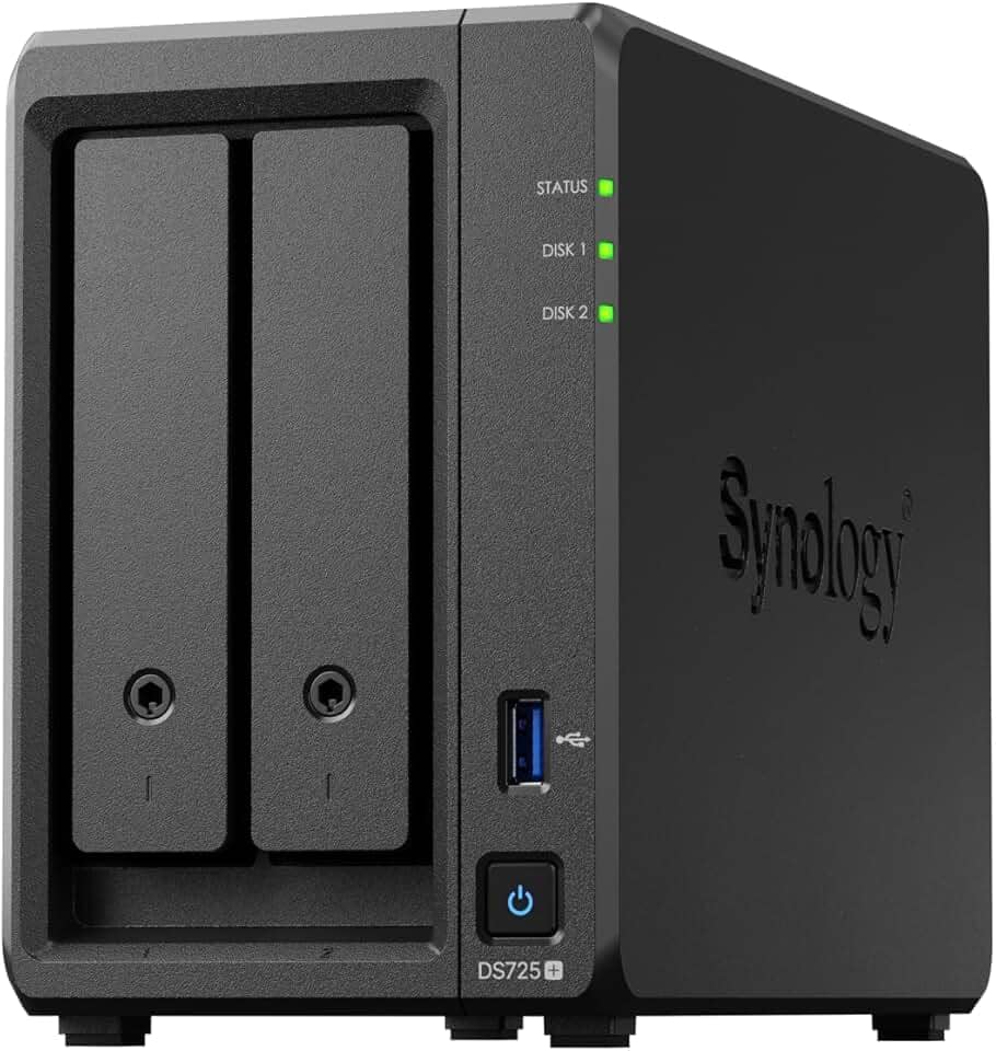 Synology Kit NAS DS725+ de 2 compartimentos, CPU Ryzen, 4 GB de memória, usuários padrão de 2,5 GbE-NIC, revendedor autorizado doméstico, Field Lake, suporte por telefone, DiskStation