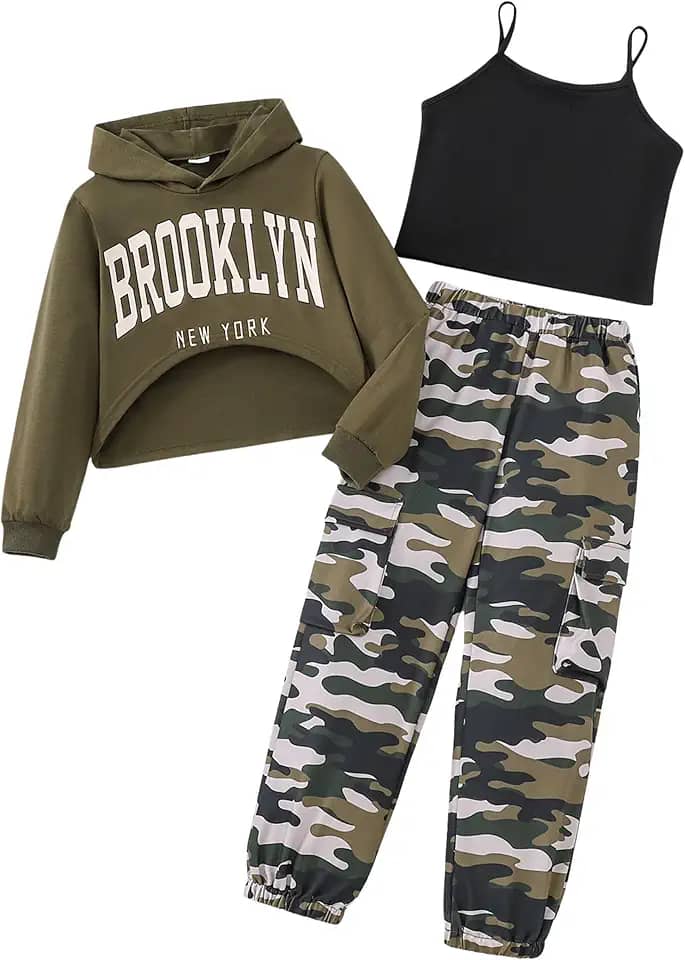 Conjunto de 3 peças de roupas de treino para meninas, regata cropped e moletom com capuz de manga comprida, 7 a 14 anos