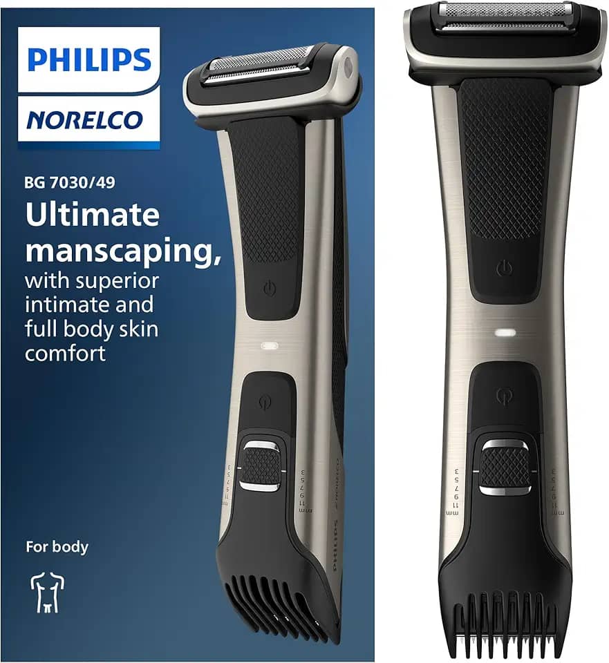 Philips Norelco Bodygroom série 7000, aparador de virilha e corpo à prova de chuveiro para homens, cuidados corporais precisos, pente ajustável, seguro mesmo abaixo do cinto, tempo de execução de 80