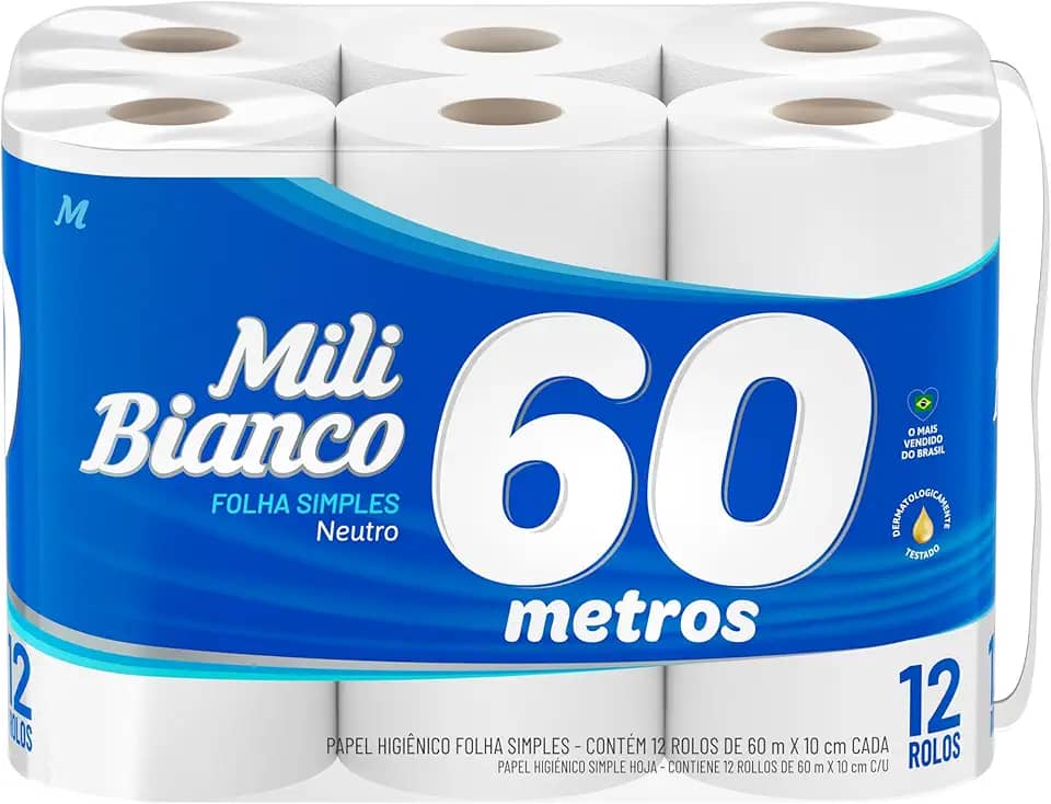 Papel Higiênico Mili Bianco Folha Simples - 12 Rolos de 60 Metros - Máximo Rendimento, Neutro - Ideal para Economia e Uso Diário