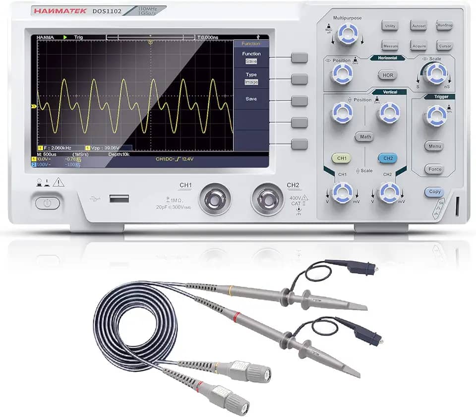 Osciloscópio digital HANMATEK 110 mhz de largura de banda DOS1102 com 2 canais e tela de 18 cm, tela TFT-LCD, kit de osciloscópio profissional portátil com taxa de amostragem de 1GS/s (não para uso médico)