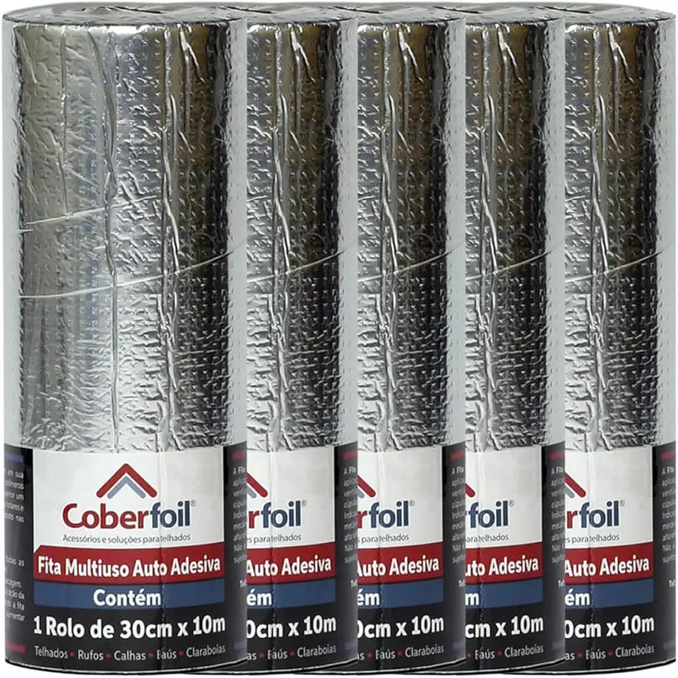 Kit 5 Mantas Asfáltica Adesiva Multiuso Metalizada 30cmx10m Auto Colante Vedação para Telhados Calhas Rufos Alta Resistência e Durabilidade Vazamentos Vedação Refletiva Aluminizada