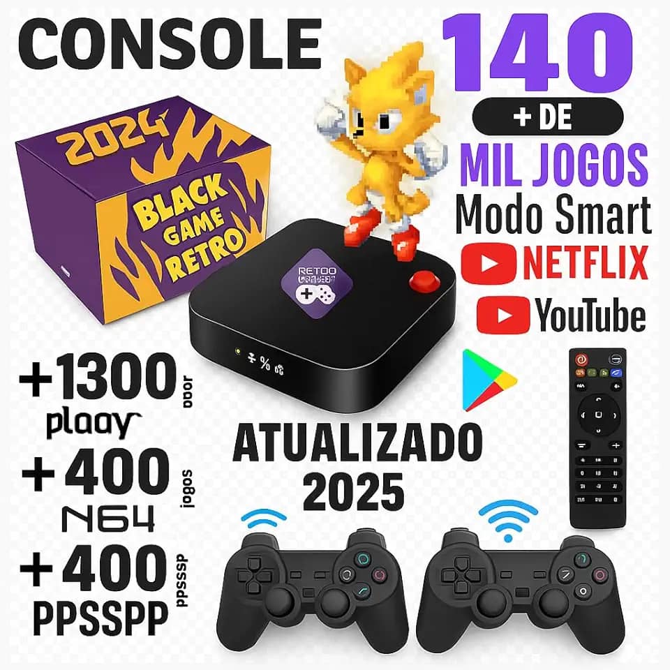 Video Game Retro Elite 140 Mil jogos 128GB + 2 controles Sem Fio