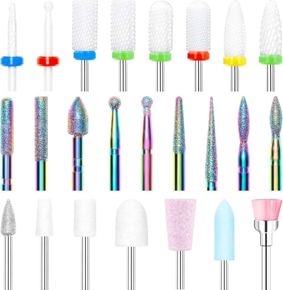 modelones Conjunto de Brocas para Unhas de 24 Unidades, Brocas para Unhas de Carboneto de Diamante Cerâmico de 3/32”, Kit de Brocas para Unhas de Gel Acrílico, Brocas Removedoras de Cutículas para Pó de Imersão Em Gel Acrílico, Manicure e Pedicure