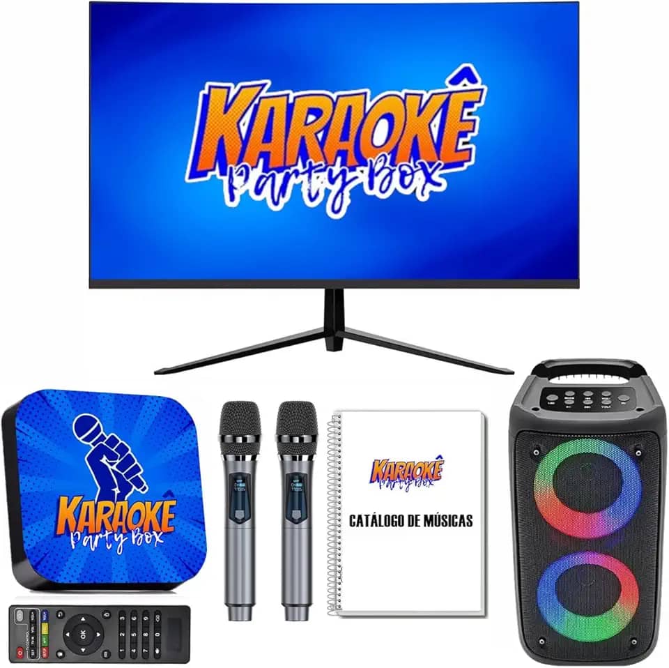 Karaoke Party Box Azul Profissional Completo +Monitor +Caixa De Som +2 Microfones Sem Fio +Catálogo De Músicas Impresso