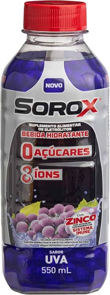 Sorox Uva Bebida Hidratante Zero Açúcar com 8 Íons e Zinco para Imunidade, Baixa Caloria, Eletrolitos para Hidratação e Energia, Refrescante e Nutritiva 550ml