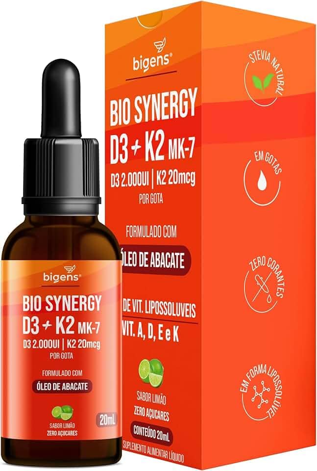 Bio Synergy, D3 2000ui + K2 Mk7 20mcg, vitamina A, D E e K, Sabor Limão, 20mL, Bigens