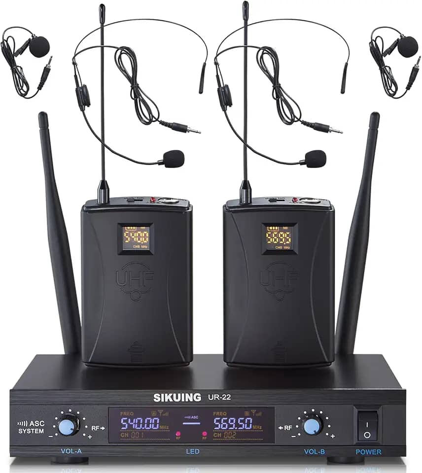 Sistema de microfone sem fio UHF de canal duplo, frequências ajustáveis 5 x 76 cm, sistema de microfone de lapela e fone de ouvido para reuniões, igreja, alcance de 91 m (2 bodypack)