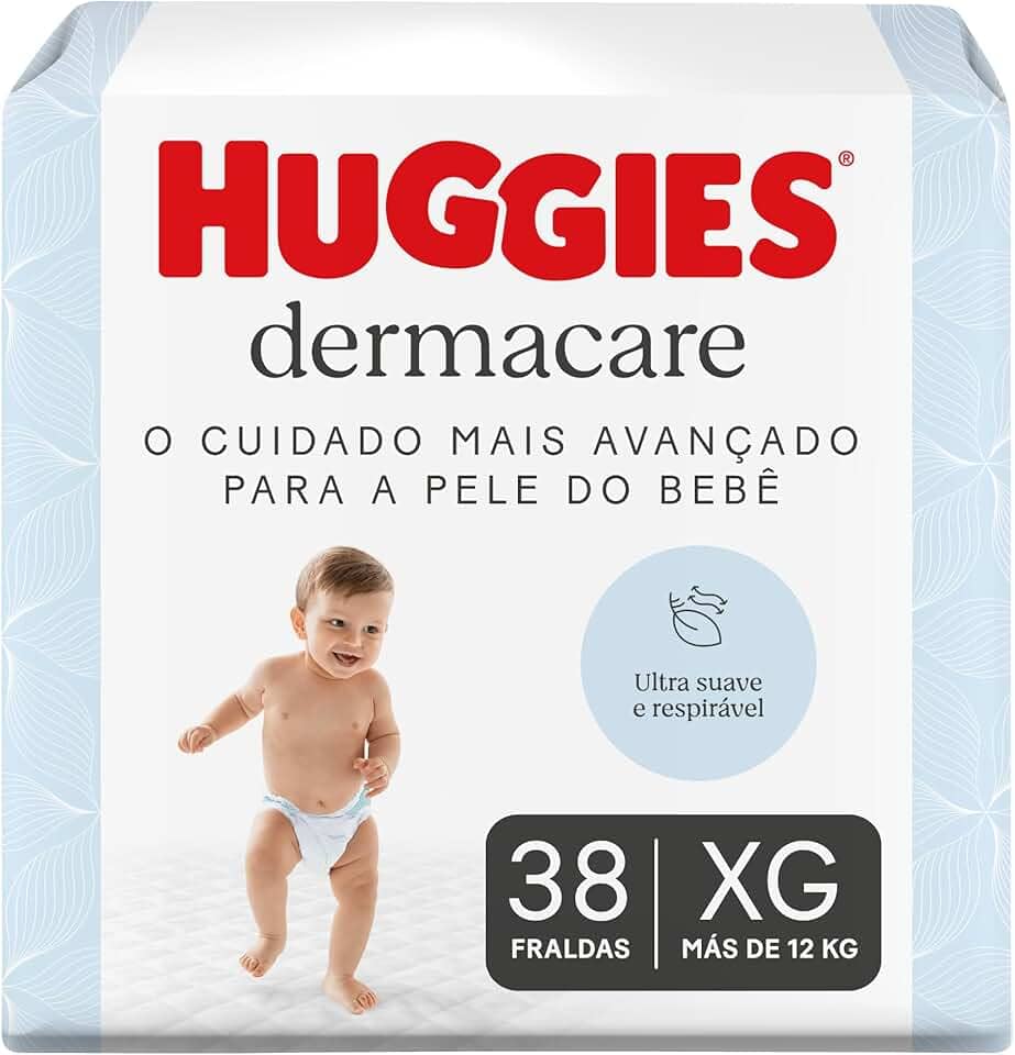 Fralda Huggies Premium Dermacare Tamanho XG - 38 Fraldas Premium com formato anatômico, materiais ultra macios e respiráveis. Super absorção de até 12 horas e ajuda previnir assaduras