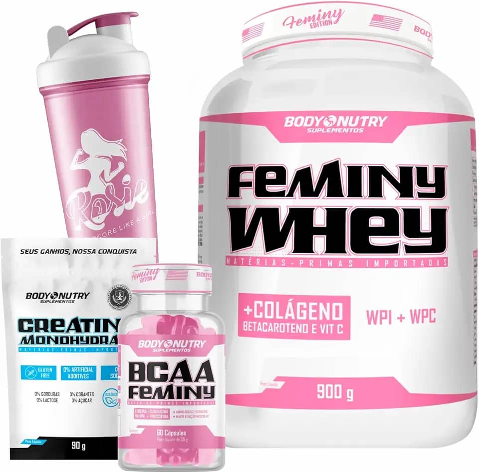 Combo Feminy Whey 900g + BCAA + Creatina Mono + Coqueteleira (Morango, 900G)